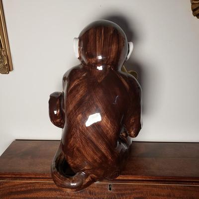 LOT 96L: Large Ceramic Hand Painted Monkey & Chinoiserie Porcelain Lidded Jar on Brass Stand