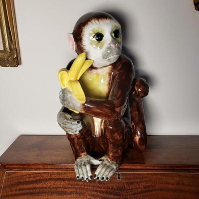 LOT 96L: Large Ceramic Hand Painted Monkey & Chinoiserie Porcelain Lidded Jar on Brass Stand