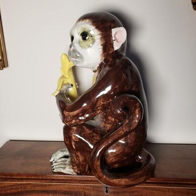 LOT 96L: Large Ceramic Hand Painted Monkey & Chinoiserie Porcelain Lidded Jar on Brass Stand