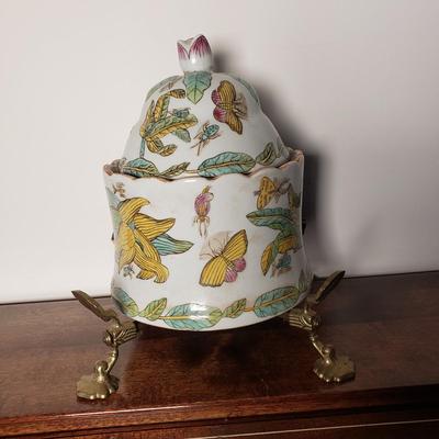 LOT 96L: Large Ceramic Hand Painted Monkey & Chinoiserie Porcelain Lidded Jar on Brass Stand