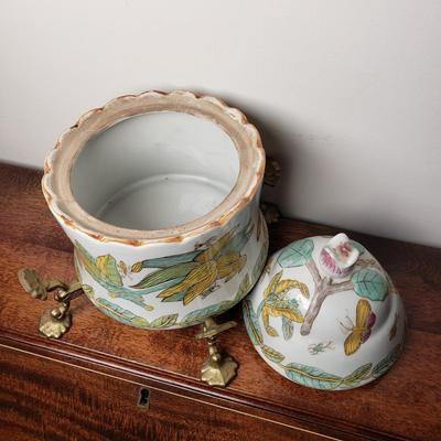 LOT 96L: Large Ceramic Hand Painted Monkey & Chinoiserie Porcelain Lidded Jar on Brass Stand