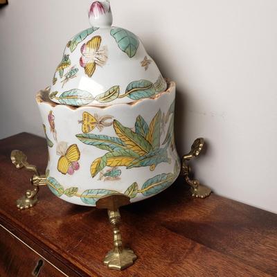 LOT 96L: Large Ceramic Hand Painted Monkey & Chinoiserie Porcelain Lidded Jar on Brass Stand