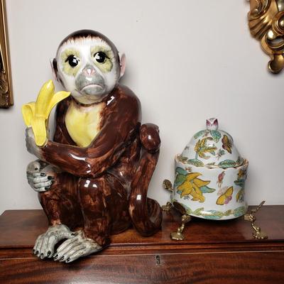 LOT 96L: Large Ceramic Hand Painted Monkey & Chinoiserie Porcelain Lidded Jar on Brass Stand