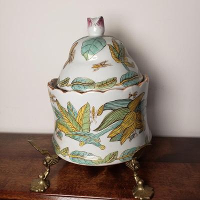 LOT 96L: Large Ceramic Hand Painted Monkey & Chinoiserie Porcelain Lidded Jar on Brass Stand