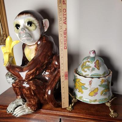 LOT 96L: Large Ceramic Hand Painted Monkey & Chinoiserie Porcelain Lidded Jar on Brass Stand