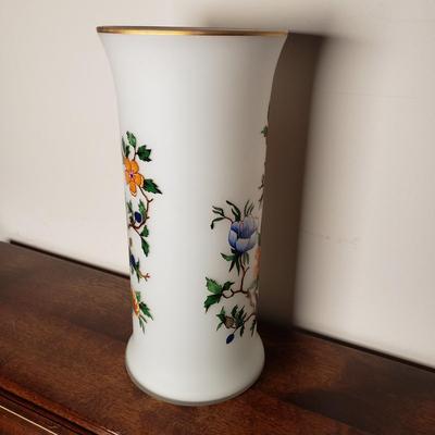 LOT 97L: Artificial Cherry Blossom Bonsai Tree with Gold Rimmed Satin Glass Floral Vase