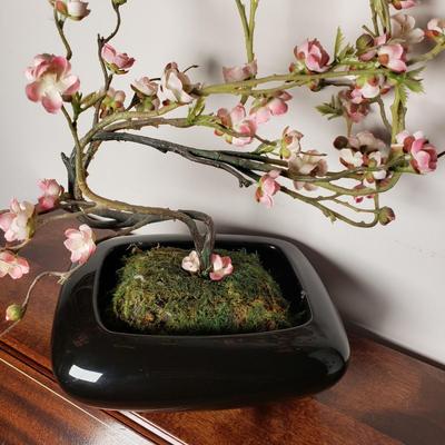 LOT 97L: Artificial Cherry Blossom Bonsai Tree with Gold Rimmed Satin Glass Floral Vase