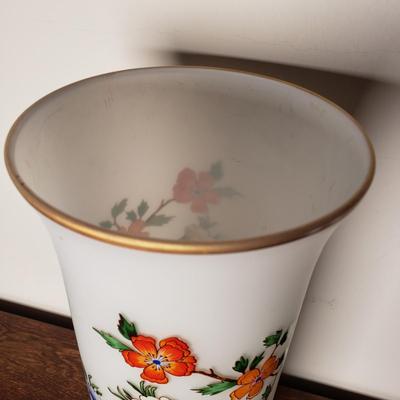 LOT 97L: Artificial Cherry Blossom Bonsai Tree with Gold Rimmed Satin Glass Floral Vase