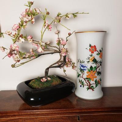 LOT 97L: Artificial Cherry Blossom Bonsai Tree with Gold Rimmed Satin Glass Floral Vase