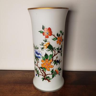 LOT 97L: Artificial Cherry Blossom Bonsai Tree with Gold Rimmed Satin Glass Floral Vase