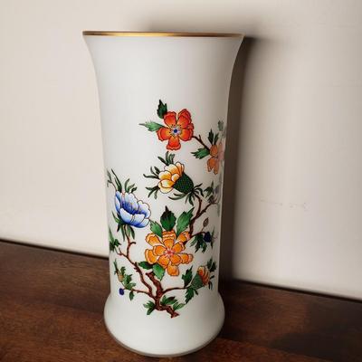 LOT 97L: Artificial Cherry Blossom Bonsai Tree with Gold Rimmed Satin Glass Floral Vase