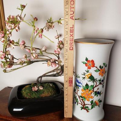 LOT 97L: Artificial Cherry Blossom Bonsai Tree with Gold Rimmed Satin Glass Floral Vase