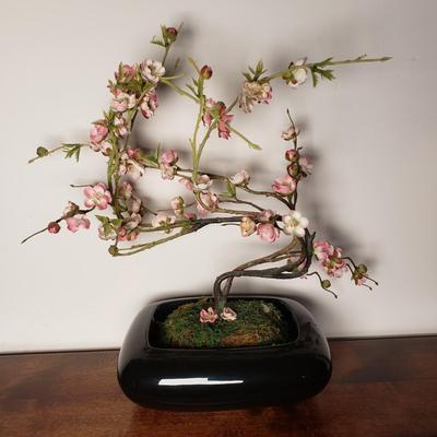 LOT 97L: Artificial Cherry Blossom Bonsai Tree with Gold Rimmed Satin Glass Floral Vase