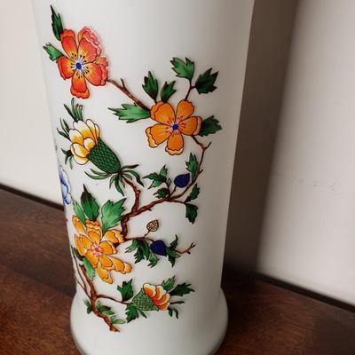 LOT 97L: Artificial Cherry Blossom Bonsai Tree with Gold Rimmed Satin Glass Floral Vase