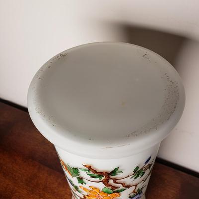 LOT 97L: Artificial Cherry Blossom Bonsai Tree with Gold Rimmed Satin Glass Floral Vase