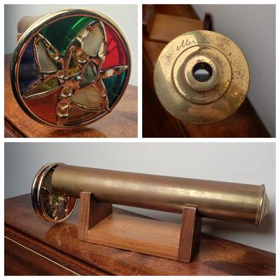 LOT 100L: Artist Signed Stained Glass Brass Kaleidoscope