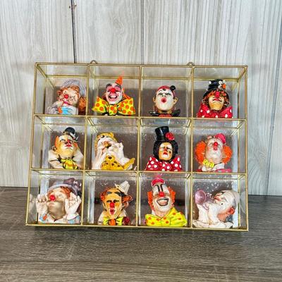 LOT 125B: Set of 12 Artefice Ottanta Hand Made Italian Clown Heads in Mirrored Display Case