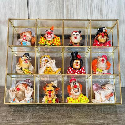 LOT 125B: Set of 12 Artefice Ottanta Hand Made Italian Clown Heads in Mirrored Display Case