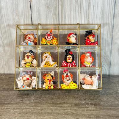 LOT 125B: Set of 12 Artefice Ottanta Hand Made Italian Clown Heads in Mirrored Display Case