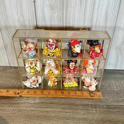 LOT 125B: Set of 12 Artefice Ottanta Hand Made Italian Clown Heads in Mirrored Display Case
