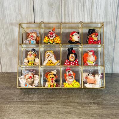 LOT 125B: Set of 12 Artefice Ottanta Hand Made Italian Clown Heads in Mirrored Display Case