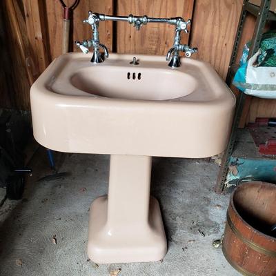 LOT 131S: Vintage Cast Iron Pedestal Sink with Original Hardware