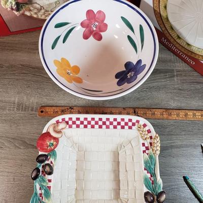 LOT 135B: New in Box Fitz and Floyd Serving Platters with Italian Hand Painted Floral Bowl