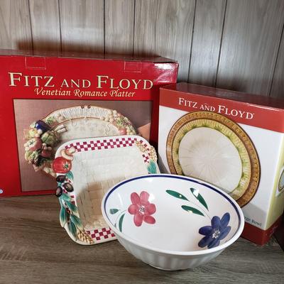 LOT 135B: New in Box Fitz and Floyd Serving Platters with Italian Hand Painted Floral Bowl