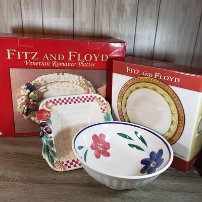 LOT 135B: New in Box Fitz and Floyd Serving Platters with Italian Hand Painted Floral Bowl