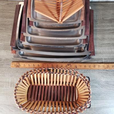 LOT 136B: Mid Century Tableware Assortment-Bamboo Baskets & Teak/Stainless Steel Trays