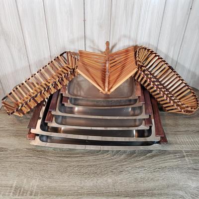 LOT 136B: Mid Century Tableware Assortment-Bamboo Baskets & Teak/Stainless Steel Trays