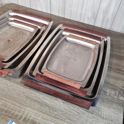 LOT 136B: Mid Century Tableware Assortment-Bamboo Baskets & Teak/Stainless Steel Trays