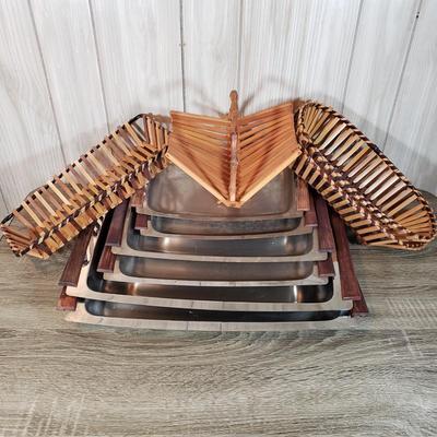 LOT 136B: Mid Century Tableware Assortment-Bamboo Baskets & Teak/Stainless Steel Trays