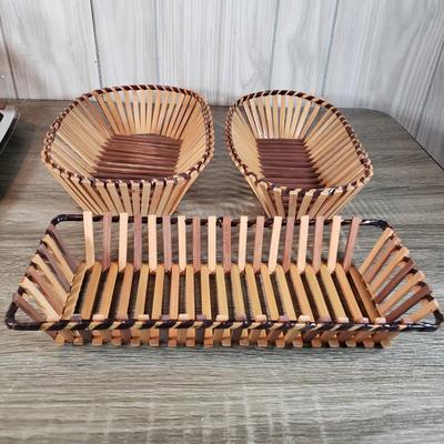 LOT 136B: Mid Century Tableware Assortment-Bamboo Baskets & Teak/Stainless Steel Trays