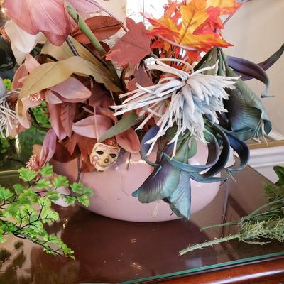 LOT 137D: Large Assortment of Faux Flower Arrangements in Brass Planters, Ceramic Vases & Large Glass Holiday Display Piece