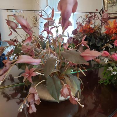 LOT 137D: Large Assortment of Faux Flower Arrangements in Brass Planters, Ceramic Vases & Large Glass Holiday Display Piece