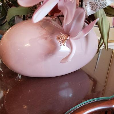 LOT 137D: Large Assortment of Faux Flower Arrangements in Brass Planters, Ceramic Vases & Large Glass Holiday Display Piece