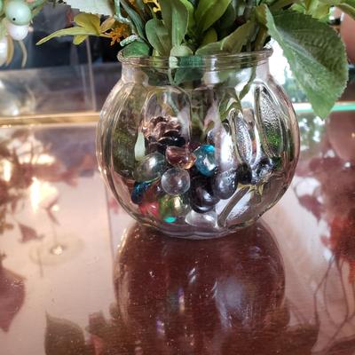 LOT 137D: Large Assortment of Faux Flower Arrangements in Brass Planters, Ceramic Vases & Large Glass Holiday Display Piece