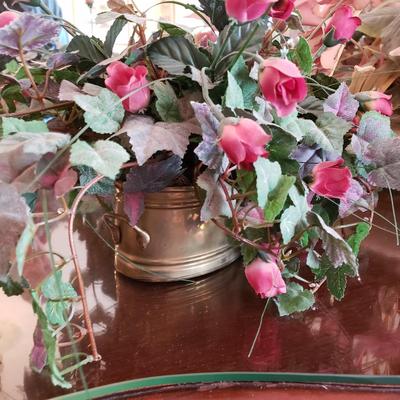 LOT 137D: Large Assortment of Faux Flower Arrangements in Brass Planters, Ceramic Vases & Large Glass Holiday Display Piece
