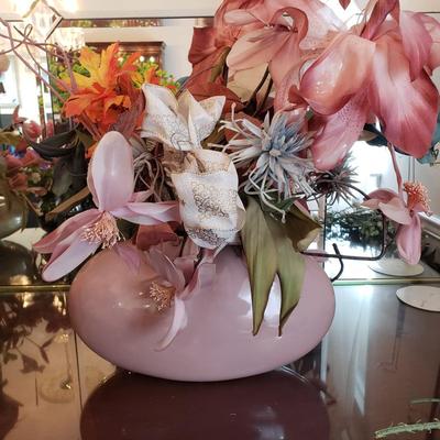 LOT 137D: Large Assortment of Faux Flower Arrangements in Brass Planters, Ceramic Vases & Large Glass Holiday Display Piece