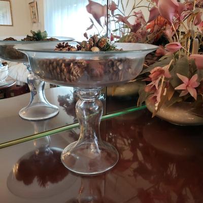 LOT 137D: Large Assortment of Faux Flower Arrangements in Brass Planters, Ceramic Vases & Large Glass Holiday Display Piece