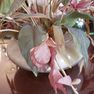 LOT 137D: Large Assortment of Faux Flower Arrangements in Brass Planters, Ceramic Vases & Large Glass Holiday Display Piece