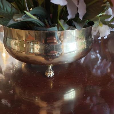 LOT 137D: Large Assortment of Faux Flower Arrangements in Brass Planters, Ceramic Vases & Large Glass Holiday Display Piece