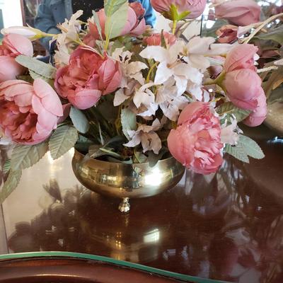 LOT 137D: Large Assortment of Faux Flower Arrangements in Brass Planters, Ceramic Vases & Large Glass Holiday Display Piece