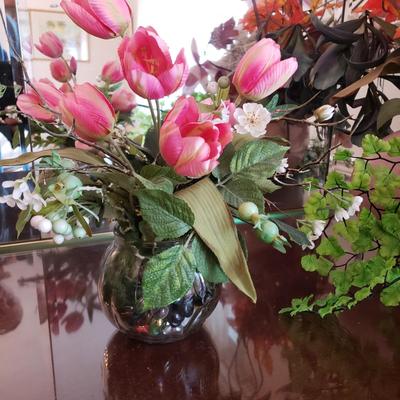 LOT 137D: Large Assortment of Faux Flower Arrangements in Brass Planters, Ceramic Vases & Large Glass Holiday Display Piece