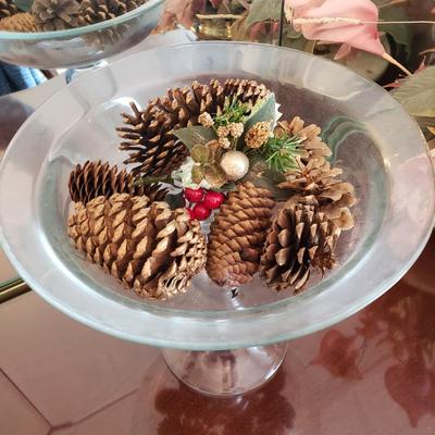 LOT 137D: Large Assortment of Faux Flower Arrangements in Brass Planters, Ceramic Vases & Large Glass Holiday Display Piece