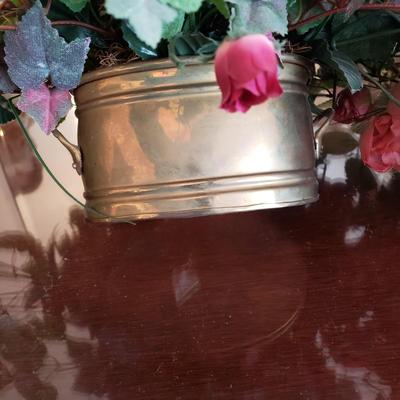 LOT 137D: Large Assortment of Faux Flower Arrangements in Brass Planters, Ceramic Vases & Large Glass Holiday Display Piece