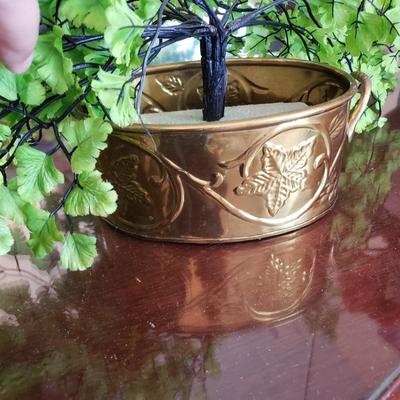 LOT 137D: Large Assortment of Faux Flower Arrangements in Brass Planters, Ceramic Vases & Large Glass Holiday Display Piece