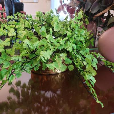 LOT 137D: Large Assortment of Faux Flower Arrangements in Brass Planters, Ceramic Vases & Large Glass Holiday Display Piece