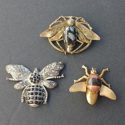 Three vintage bug brooches with gemstone & rhinestone bodies - Snowflake Obsidian -